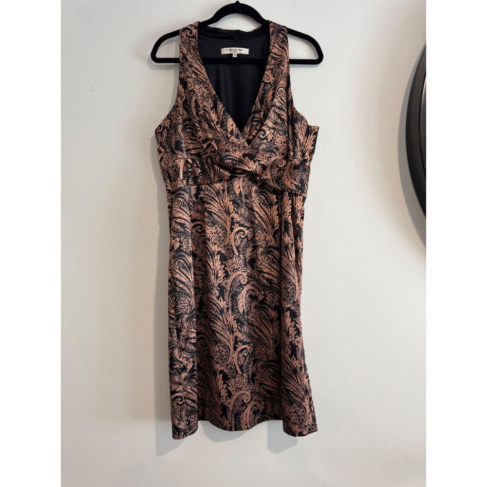 Evan-Picone Paisley Sheath Dress Womens 16 Black Copper Surplice Draped wedding